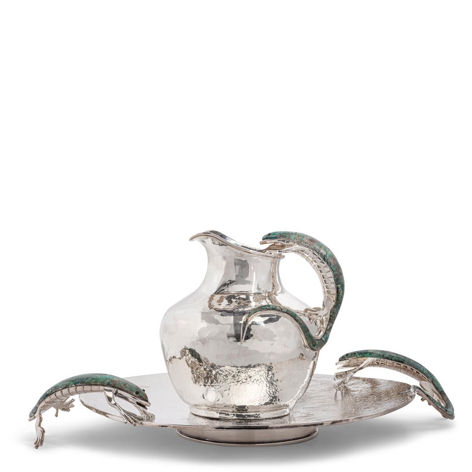 AN EMILIA CASTILLO AZUREMALACHITE INSET HAMMERED SILVER-PLATED LIZARD PITCHER AND FOOTED SERVING... (1 of 1)