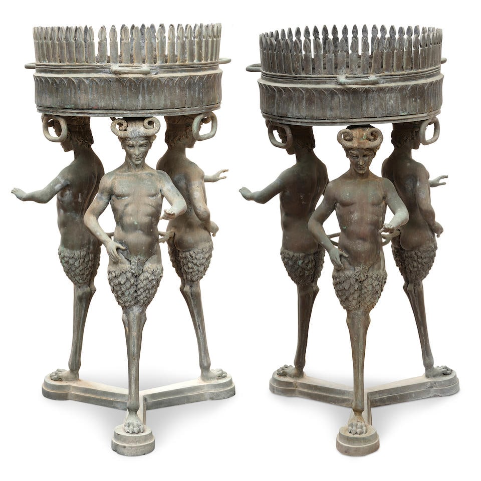 A PAIR OF ITALIAN PATINATED BRONZE FIGURAL ATHÉNIENNE JARDINIÈRESAfter the Antique: A PAIR OF ITALIAN PATINATED BRONZE FIGURAL ATHÉNIENNE JARDINIÈRES After the Antique height 36 1/2in (92.7cm); diameter 16in (40.5cm) Footnotes: Condition reports are not provided in catalog 