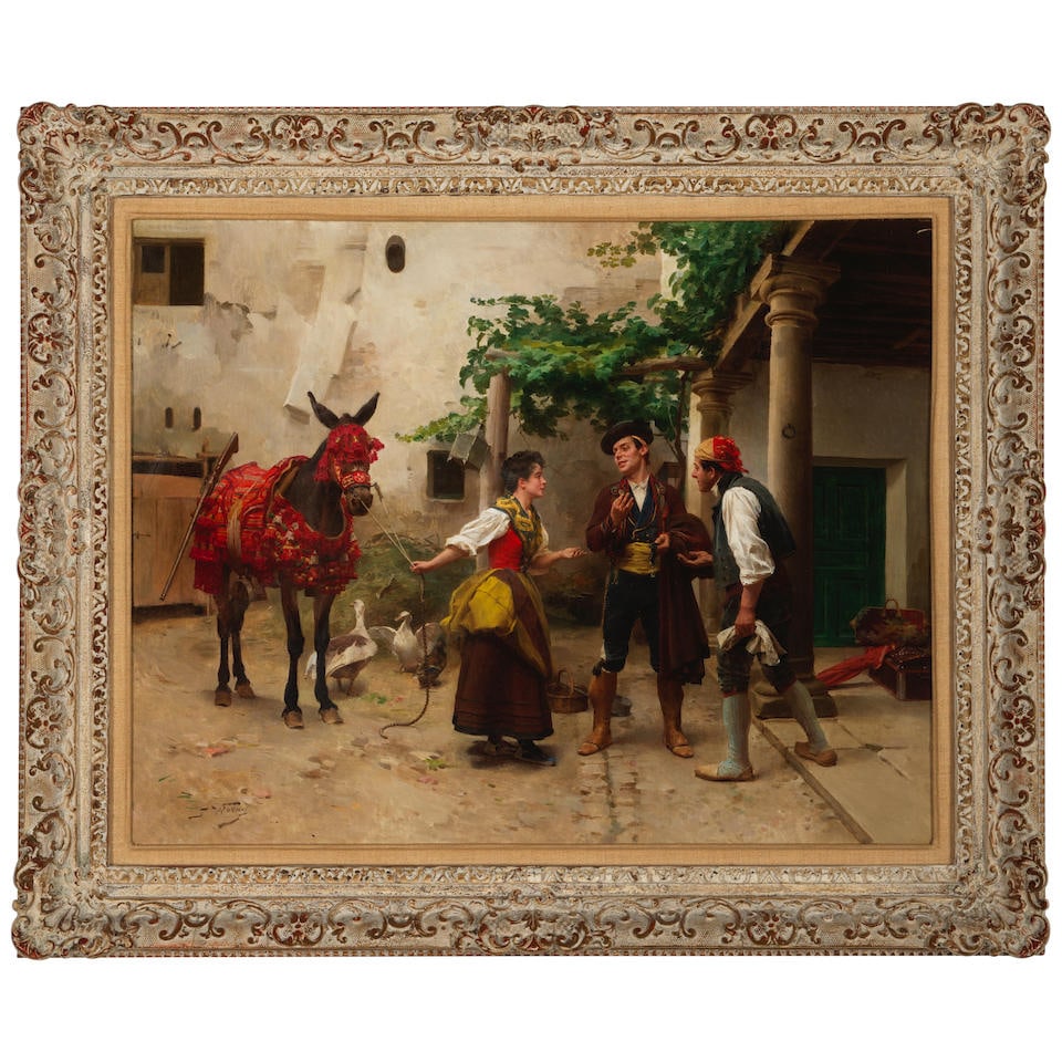 Jules Worms (French, 1832-1914) Woman with a decorated horse and gentlemen in a courtyard 18 x 2... (1 of 4)
