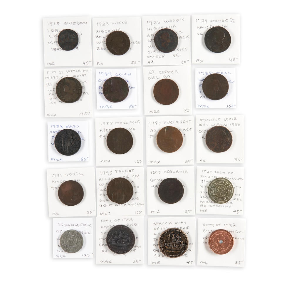 A COLLECTION OF TWENTY COLONIAL COINS AND COPIES.: A COLLECTION OF TWENTY COLONIAL COINS AND COPIES. Including: Sweden 1715 1 Daler (Kronan), KM-352. 1723 Wood's Hibernia Halfpence, W13120, 11 strings, 2 dots on rev. 1723 Wood's Hibernia Halfpence, ob