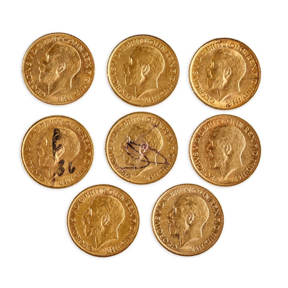 EIGHT GEORGE V GOLD SOVEREIGNS. (1 of 2)
