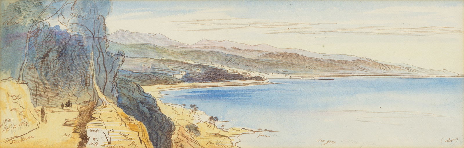 Edward Lear (British, 1812-1888) San Remo: Edward Lear (British, 1812-1888) San Remo inscribed and dated '4.p.m./Dec.10.1864/San Remo (lower left); numbered '(28)' (lower right) and variously annotated elsewhere pen and ink and watercolour wit