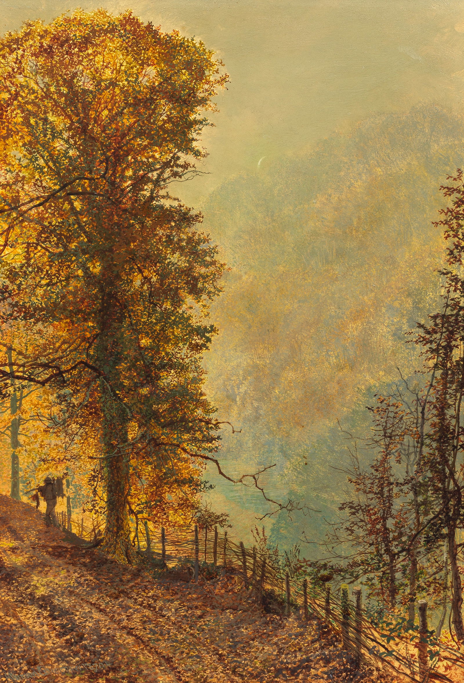 John Atkinson Grimshaw (British, 1836-1893) A rabbit hunter on a riverside road: John Atkinson Grimshaw (British, 1836-1893) A rabbit hunter on a riverside road signed and dated 'Atkinson Grimshaw 1870+' (lower left) oil on card 40 x 27.5cm (15 3/4 x 10 13/16in). Footnotes:<