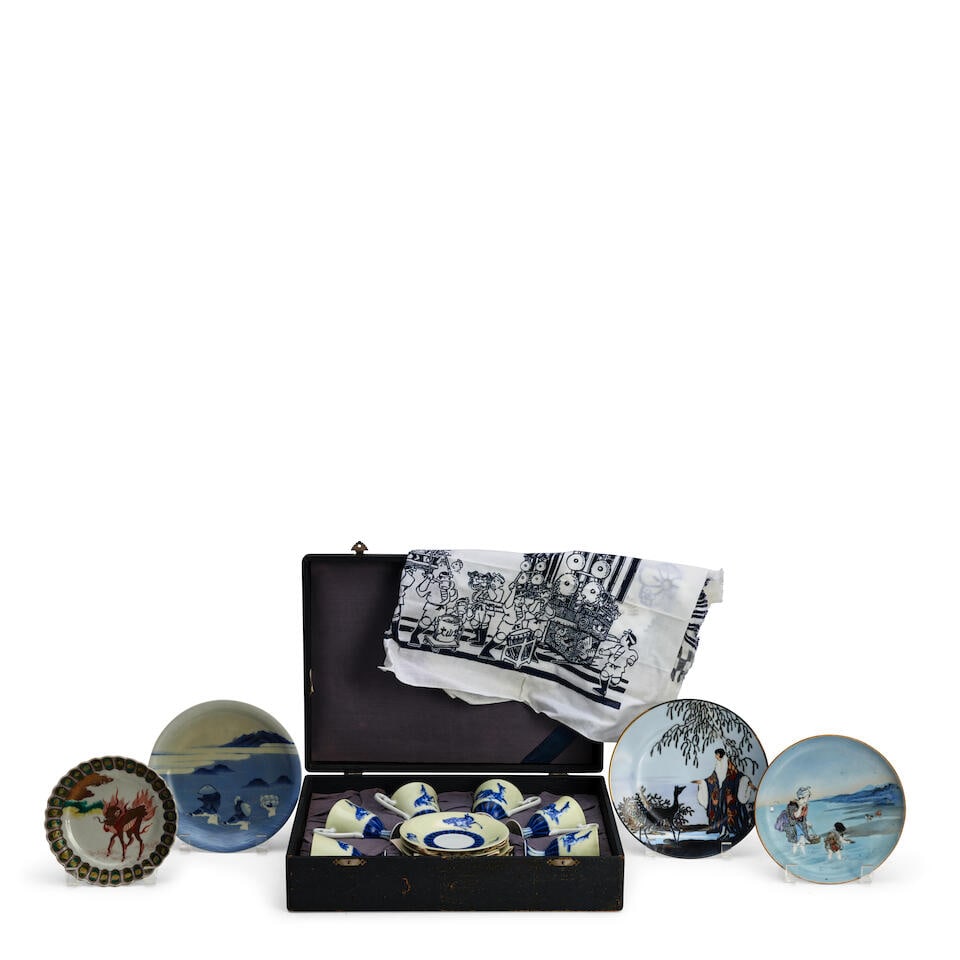 A SET OF SIX FUKAGAWA PORCELAIN FOOTED CUPS AND SAUCERS AND FOUR DISHES Taisho (1912-1926) or Sh...