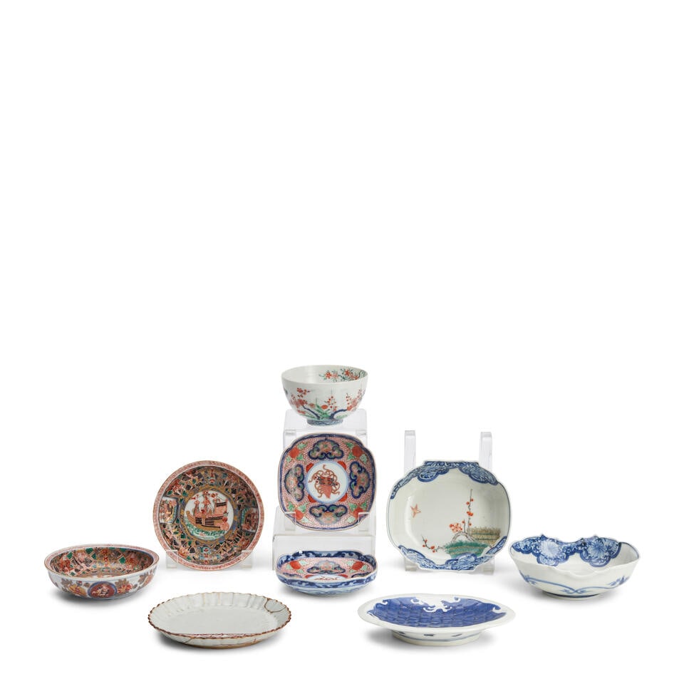 NINE PORCELAIN DISHES Edo period (1615-1868) or Meiji era (1868-1912), 18th/19th century, (9): NINE PORCELAIN DISHES Edo period (1615-1868) or Meiji era (1868-1912), 18th/19th century, An Arita bowl in Kakiemon style; a pair of Arita bowls with cut sides, Kakiemon style; a Hiradō dish with
