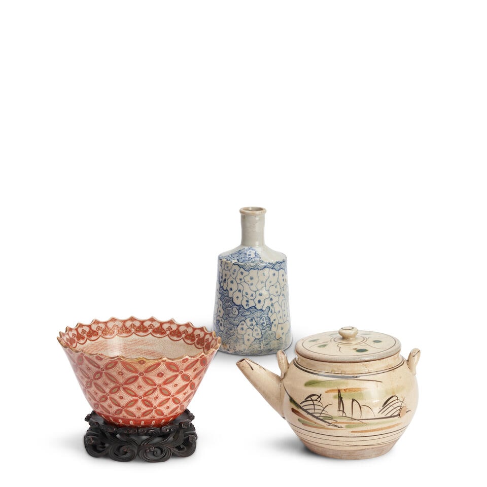 THREE CERAMIC VESSELS Japan, 19th - 20th century, (3 wood stand)