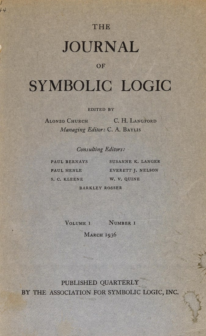 TURING, ALAN; AND ALONZO CHURCH; ET AL. The Journal of Symbolic Logic, Volume 1 & 2. Menasha, WI... (1 of 4)
