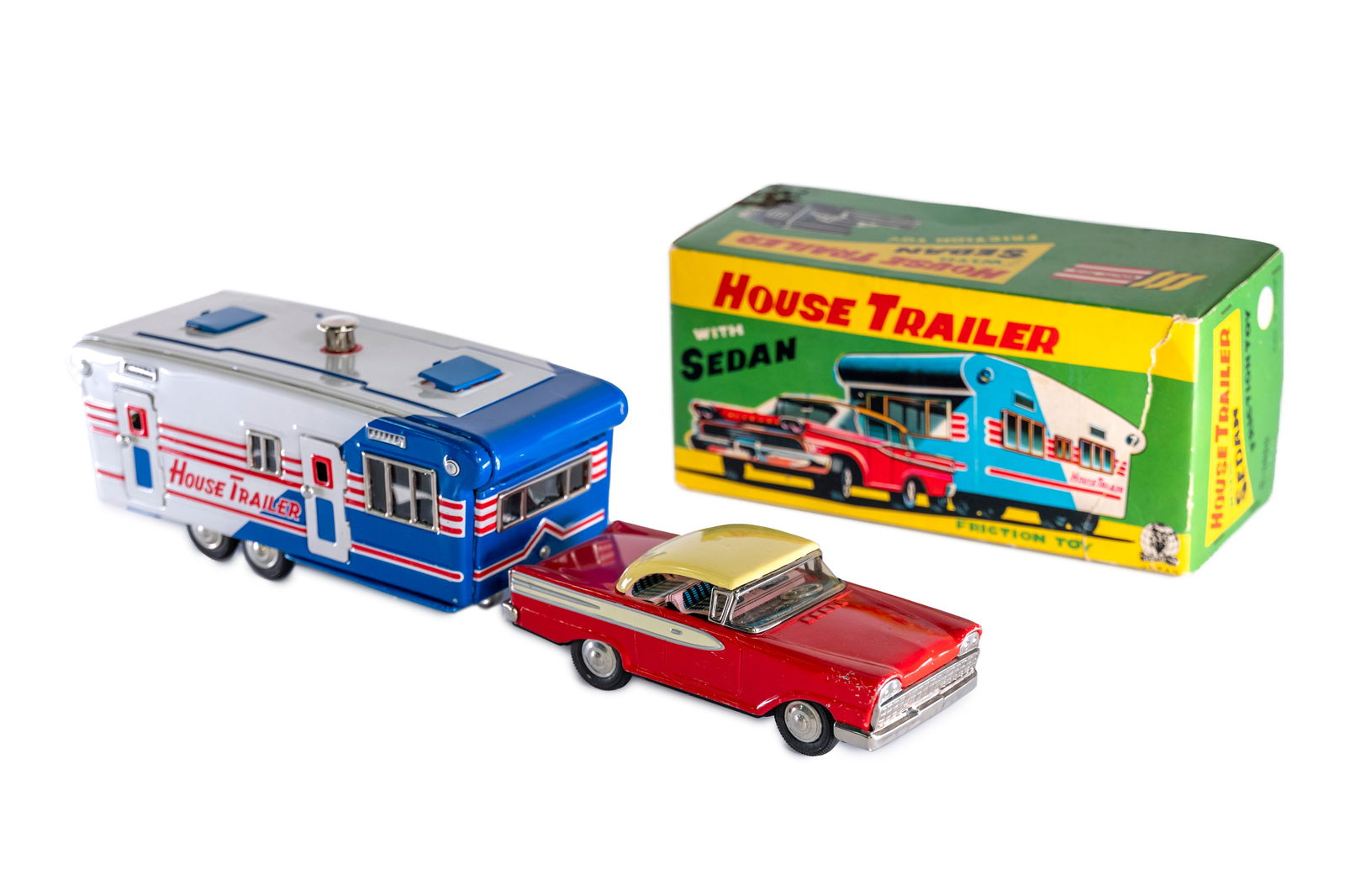 A 'House Trailer with Sedan' tinplate friction toy, by SSS, (1 of 1)