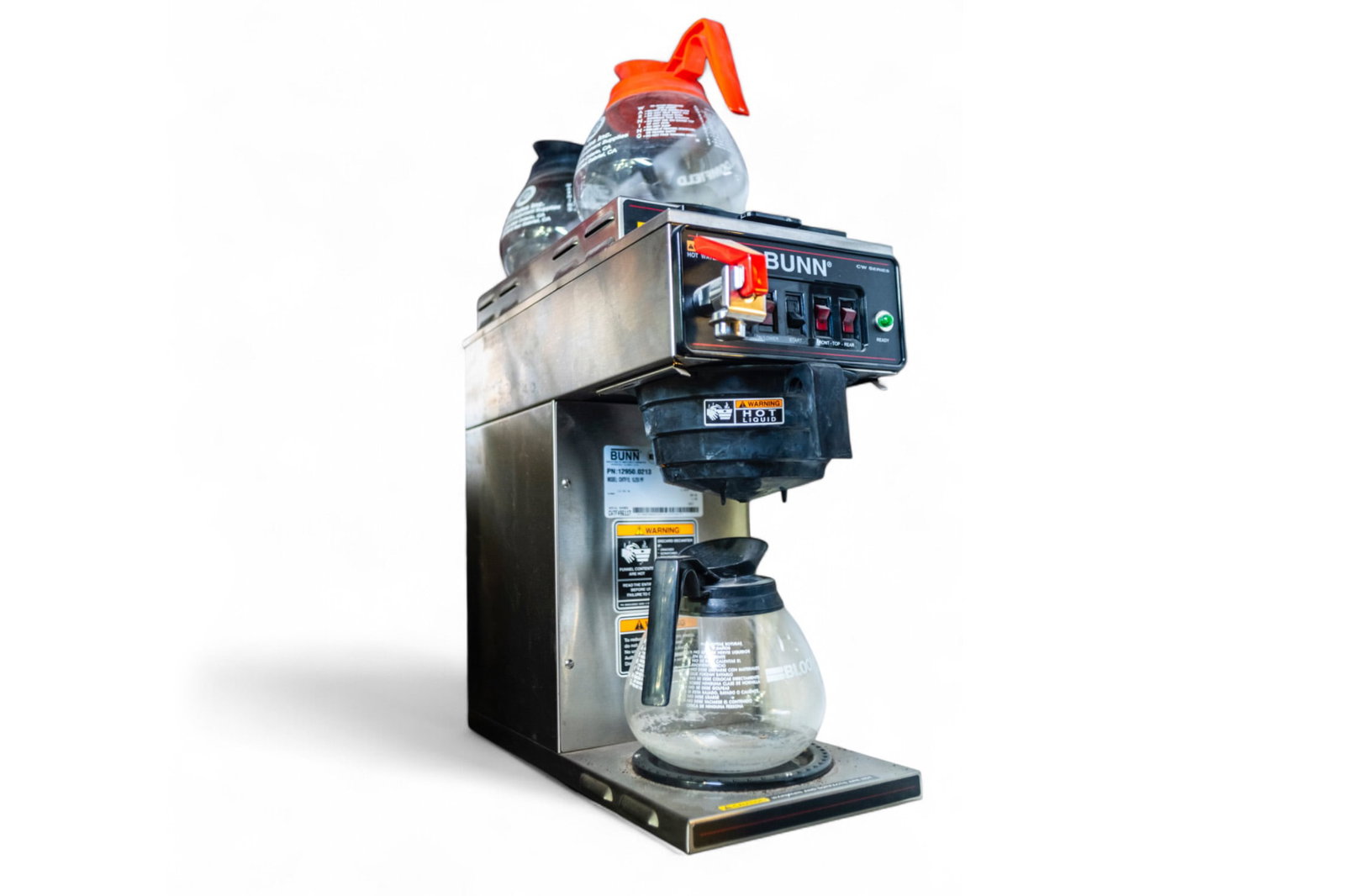 A commercial-grade 'Bunn' CWTF15-3 Decanter Coffee Maker,: A commercial-grade 'Bunn' CWTF15-3 Decanter Coffee Maker, low hours of usage, comes with 3 carafes, appears in good order, 27'H x 8'W x 22'L. Lot to be sold without reserve. This lot is subject to the