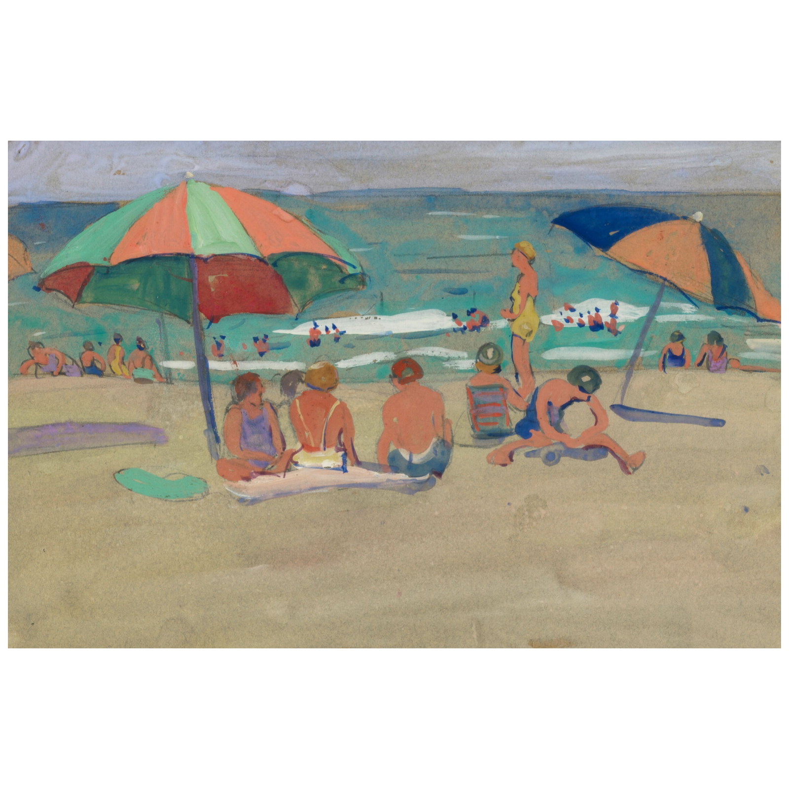 After Jane Peterson (1876-1965) Beach Scene sight size 7 5/8 x 11 3/4, frame size 15 3/8 x 19 3/...: After Jane Peterson (1876-1965) Beach Scene unsigned gouache on paper sight size 7 5/8 x 11 3/4, frame size 15 3/8 x 19 3/8 in. framed. Footnotes: OVERALL CONDITION: Minor toning, accretions, minor wa