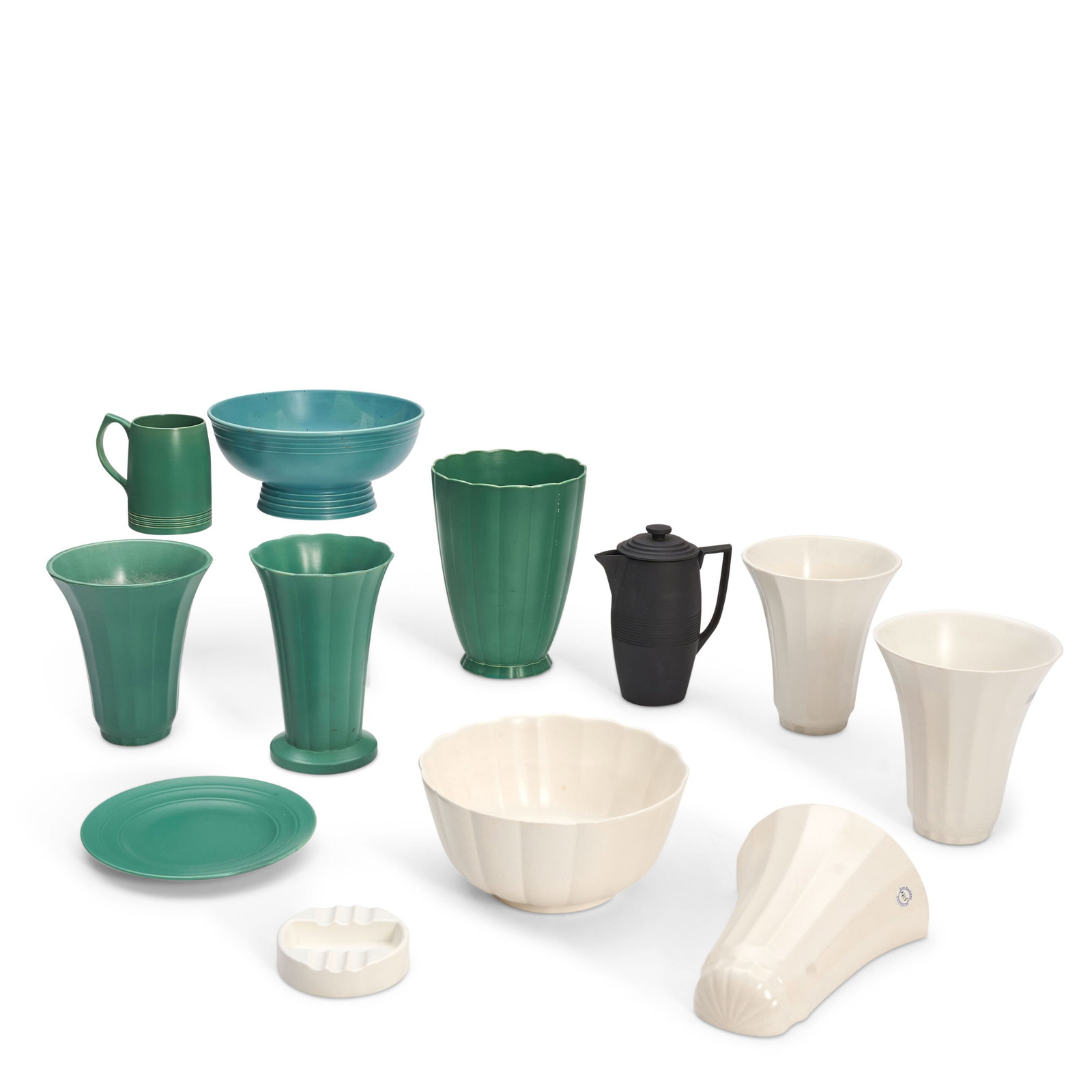 TWELVE WEDGWOOD KEITH MURRAY ITEMS 20th century,: TWELVE WEDGWOOD KEITH MURRAY ITEMS 20th century, comprising a matte green mug, a plate, three vases, a large turquoise footed bowl, a pair of moonstone flared vases, a moonstone wall vase, a moonstone