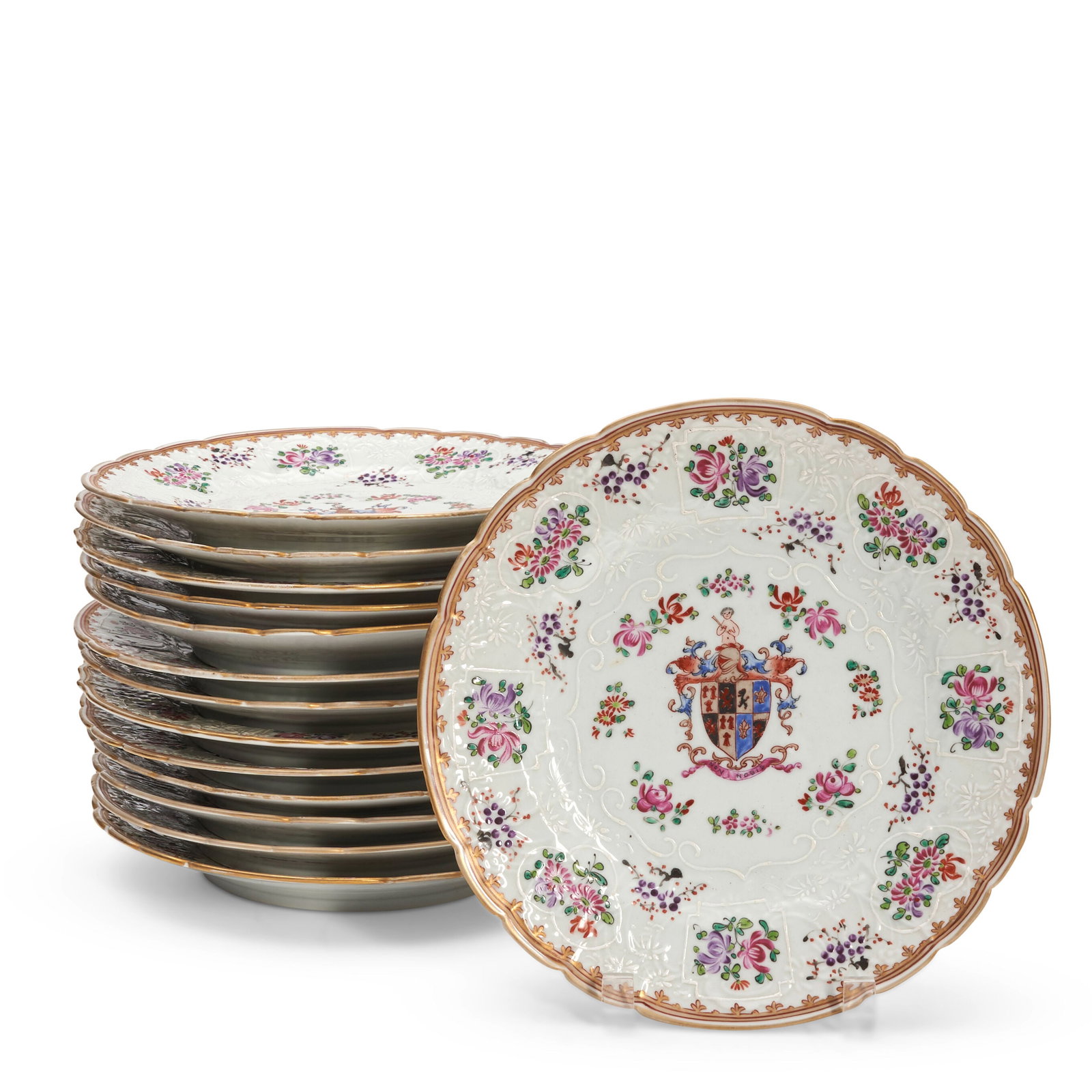 SET OF FOURTEEN SAMSON POLYCHROME PORCELAIN ARMORIAL-STYLE PLATES Late 19th century, (1 of 1)
