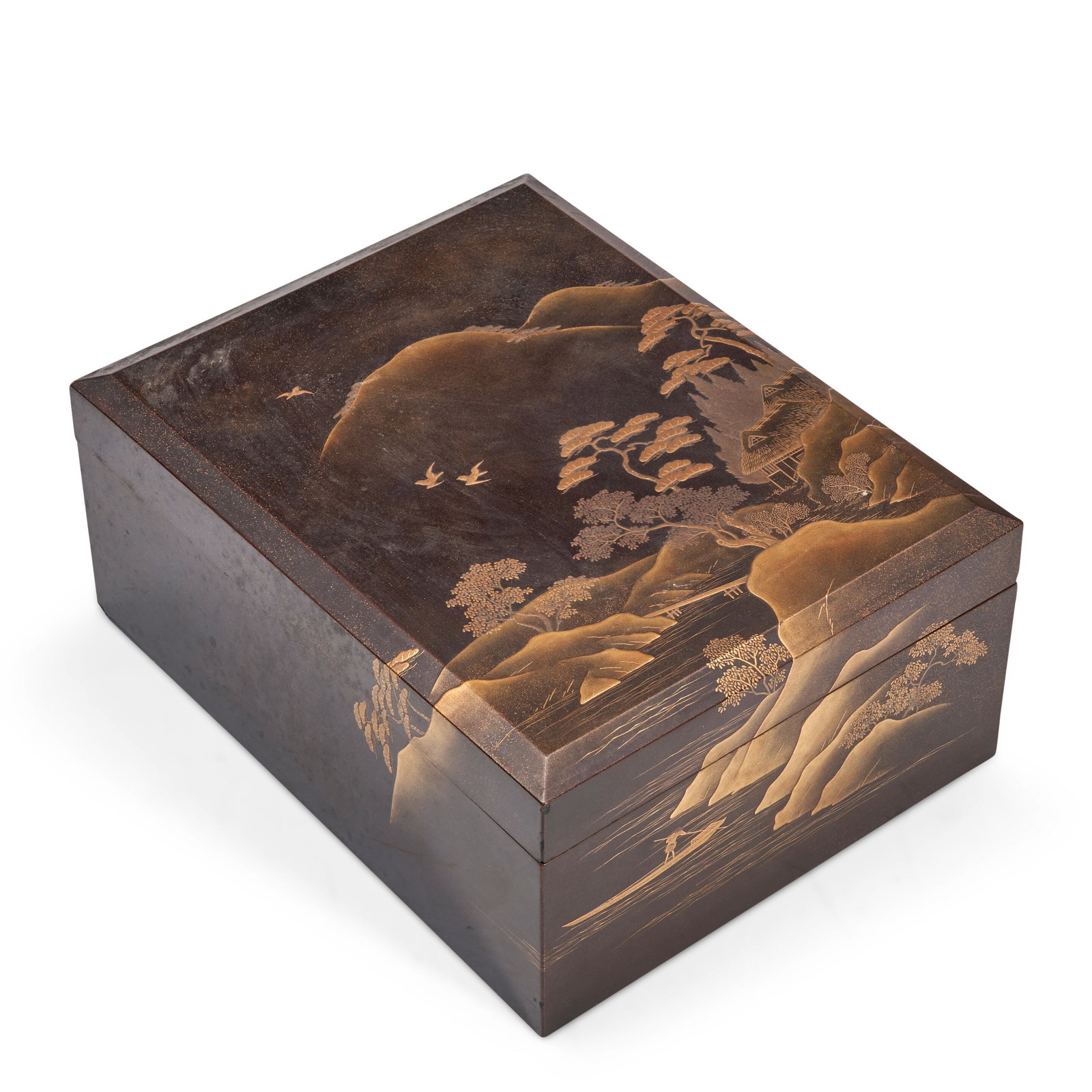 A GOLD MAKIE-E LACQUER TEBAKO ACCESSORY BOX WITH LANDSCAPE SCENE Japan, Meiji era (1868-1912), (1 of 2)
