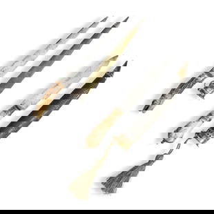 TWO 18TH/19TH CENTURY EUROPEAN HUNTING DAGGERS.: TWO 18TH/19TH CENTURY EUROPEAN HUNTING DAGGERS. A dagger with a two section polished bone grip and rounded brass pommel cap; straight single-edge blade; black leather scabbard with brass throat and