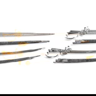 TWO 18TH CENTURY HUNTING SWORDS AND SCABBARDS.: TWO 18TH CENTURY HUNTING SWORDS AND SCABBARDS. A sword with a gilded brass shell guard, likely restored knuckle bow, gilded pommel cap, reeded hard wood grip; straight single-edge blade with false