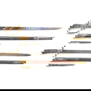 TWO 18TH/19TH CENTURY HUNTING SWORDS WITH SCABBARDS.: TWO 18TH/19TH CENTURY HUNTING SWORDS WITH SCABBARDS. An English sword with a stag horn grip with simple cross guard and pommel cap; straight single-edge blade with false edge at the tip, the back of