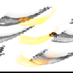 THREE EARLY 19TH CENTURY BRITISH ARTILLERY HORNS.: THREE EARLY 19TH CENTURY BRITISH ARTILLERY HORNS. The horns with brass spouts and bases, two with threaded brass base caps, one with threaded wood plug; two with broad arrow 'BO' marks and dates