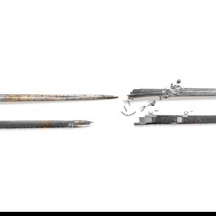 AN 18TH CENTURY SILVER MOUNTED HUNTING SWORD AND SCABBARD.: AN 18TH CENTURY SILVER MOUNTED HUNTING SWORD AND SCABBARD. The silver shell guard with simple quillons, knuckle chain connecting to a pommel cap, reeded horn grip; straight single-edge blade with