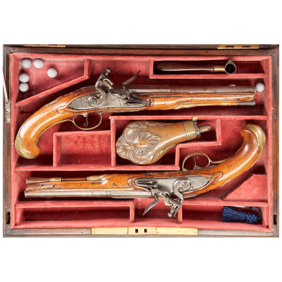 A CASED PAIR OF ITALIAN FLINTLOCK PISTOLS, (1 of 4)