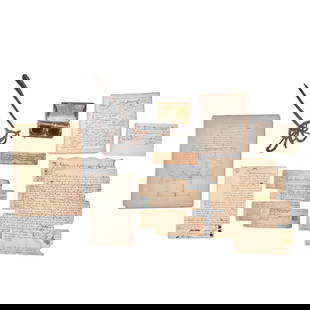 TWO BRANDING IRONS, SEVEN MOSTLY 18TH CENTURY DOCUMENTS, AND A PAIR OF SHOE BUCKLES.: TWO BRANDING IRONS, SEVEN MOSTLY 18TH CENTURY DOCUMENTS, AND A PAIR OF SHOE BUCKLES. An 'AR' branding iron on a wrought iron handle, the brand with several modern welds on the back. A wrought iron