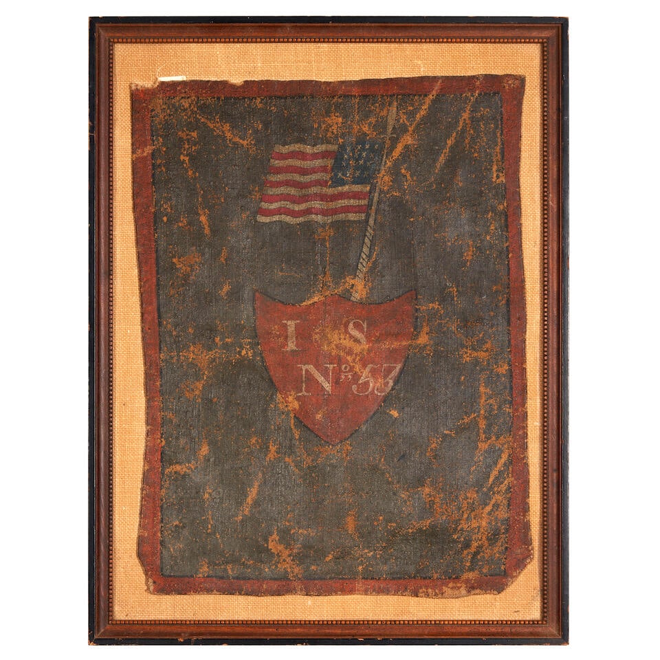 A PAINTED CANVAS NEW ENGLAND MILITIA BANNER, (1 of 1)