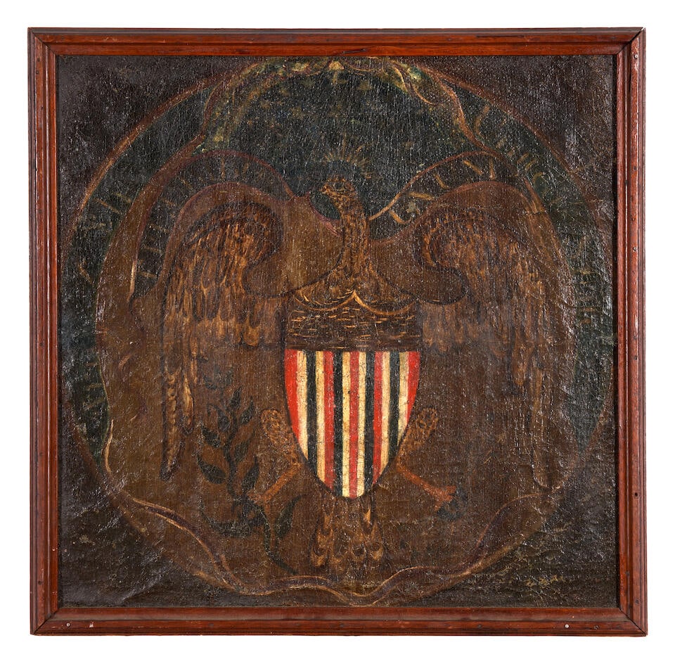 A PAINTED ARTILLERY OF THE UNITED STATES BANNER,: A PAINTED ARTILLERY OF THE UNITED STATES BANNER, early 19th century. Decorated with an early style spread wing eagle with red, white and blue shield on its breast below a constellation of stars and su