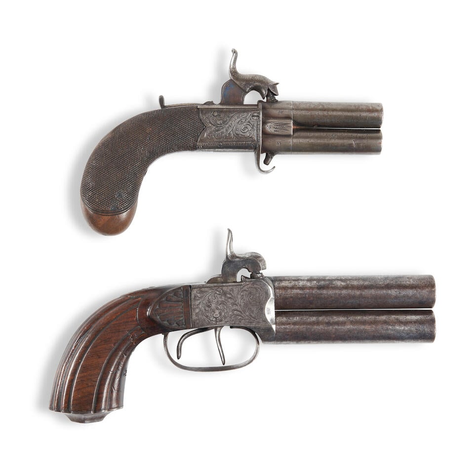 TWO DOUBLE BARREL PERCUSSION PISTOLS,: TWO DOUBLE BARREL PERCUSSION PISTOLS, second quarter of the 19th century. An English pistol with 2 in., .40 caliber barrels, foliate scroll engraved frame marked 'EGAN' and 'BRADFORD', checkered walnu