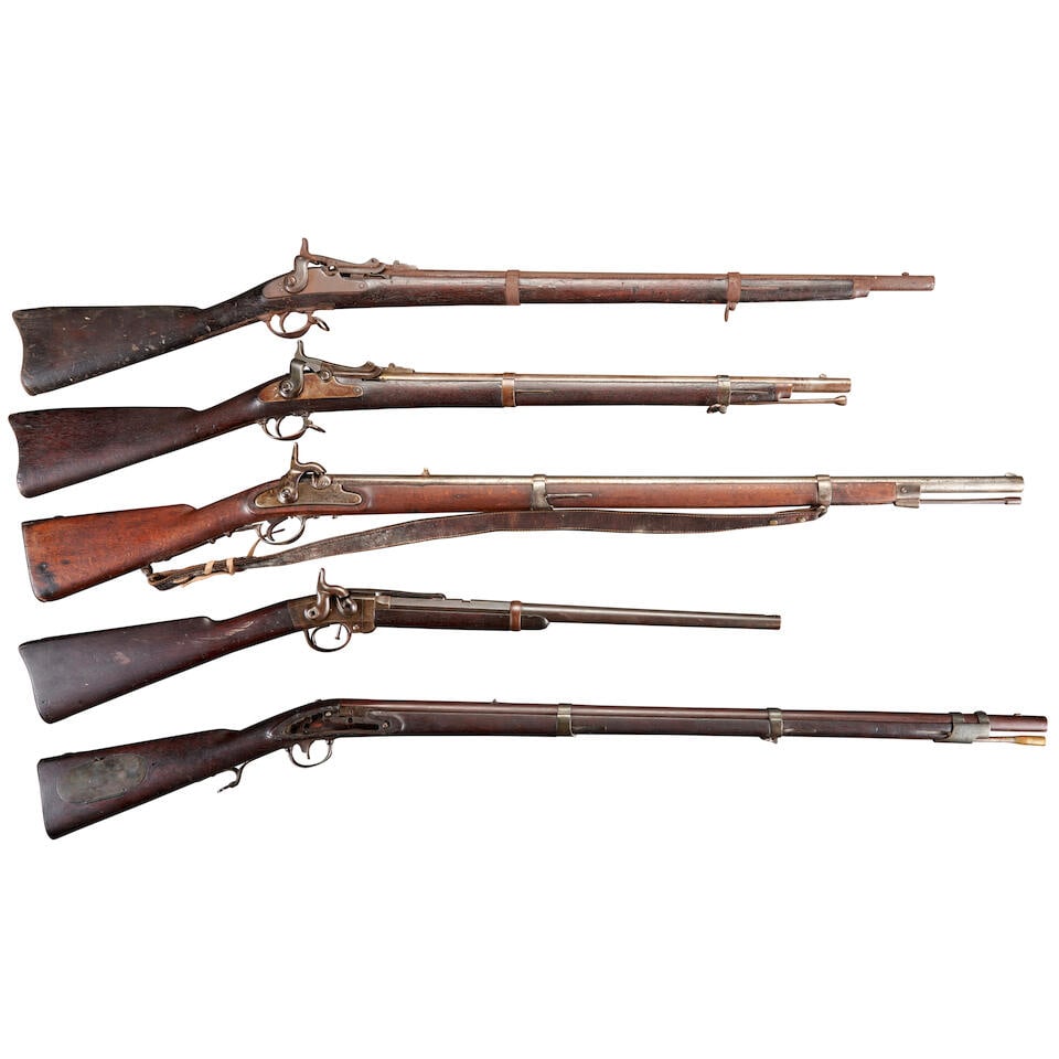 FIVE 19TH CENTURY MILITARY LONG ARMS.: FIVE 19TH CENTURY MILITARY LONG ARMS. Including: A U.S. Model 1817 Common Rifle stock, barrel and furniture, the barrel marked at the breech 'US', 'P' and 'LS', no lock, likely reconverted. A Mass. Ar