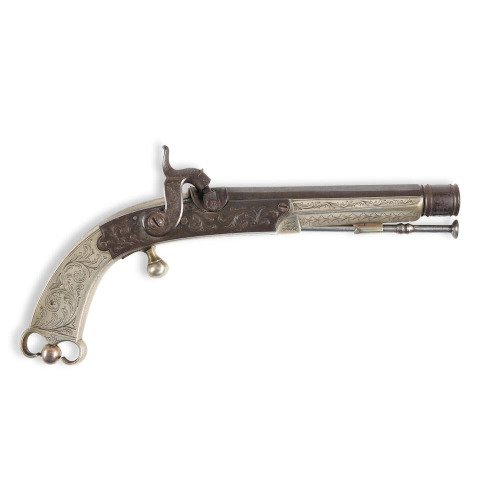 A MID-19TH CENTURY GERMAN SILVER SCOTTISH PERCUSSION PISTOL.: A MID-19TH CENTURY GERMAN SILVER SCOTTISH PERCUSSION PISTOL. 5 in., .45 caliber barrel with ring decorated muzzle, the stock engraved all over with foliate scrolls, ram's horn but with replaced pick; 