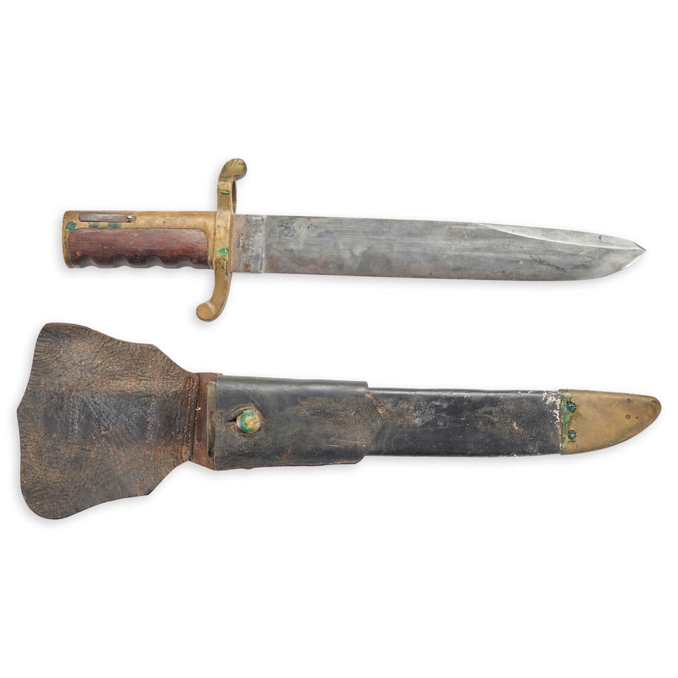 AN AMES U.S. MODEL 1861 DAHLGREN BAYONET FOR THE PLYMOUTH/WHITNEYVILLE RIFLE WITH SCABBARD AND F...: AN AMES U.S. MODEL 1861 DAHLGREN BAYONET FOR THE PLYMOUTH/WHITNEYVILLE RIFLE WITH SCABBARD AND FROG, Ames Manufacturing Company, Chicopee, Massachusetts, 1863. The brass handle with steel retaining sp