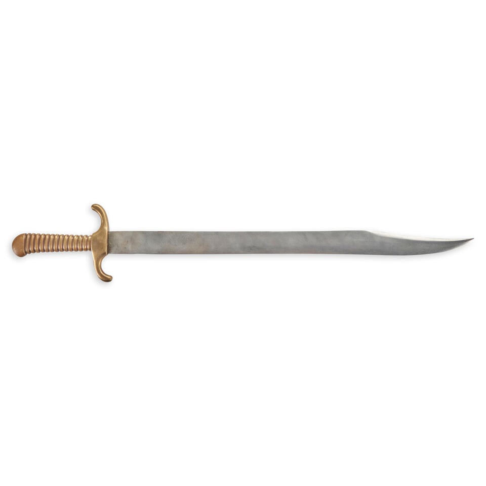 A CIVIL WAR BROWN & TETLEY SWORD BAYONET,: A CIVIL WAR BROWN & TETLEY SWORD BAYONET, Enterprise Gun Works, Pittsburgh, Pennsylvania, c. 1860. The cast brass handle with grooved grip and raised iron slot on the inside surface, the cross guard w