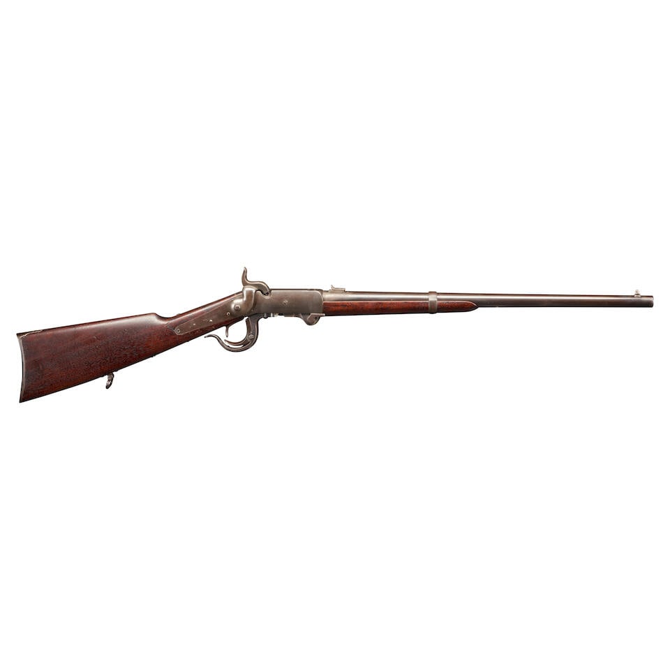 A CIVIL WAR 5TH MODEL BURNSIDE CARBINE,: A CIVIL WAR 5TH MODEL BURNSIDE CARBINE, 1863-65. Serial number 18626, .54 caliber rifled barrel with folding rear sight, the top of the frame marked 'BURNSIDE PATENT/MODEL OF 1864', lock plate marked 