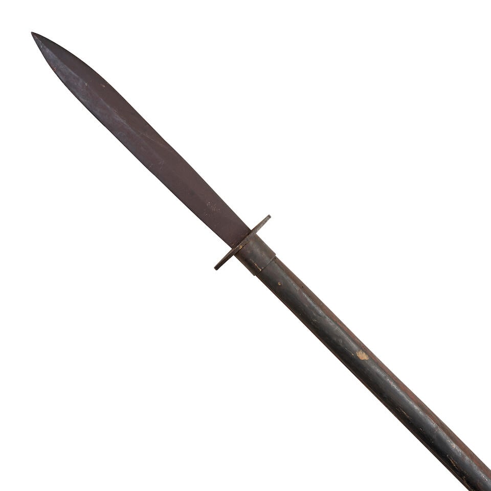 A CIVIL WAR GEORGIA-STYLE PIKE.: A CIVIL WAR GEORGIA-STYLE PIKE. The double-edge head with median ridge on both sides, with cross guard and ferrule below, mounted to the ash pole by two long iron straps secured by four rivets, the ba