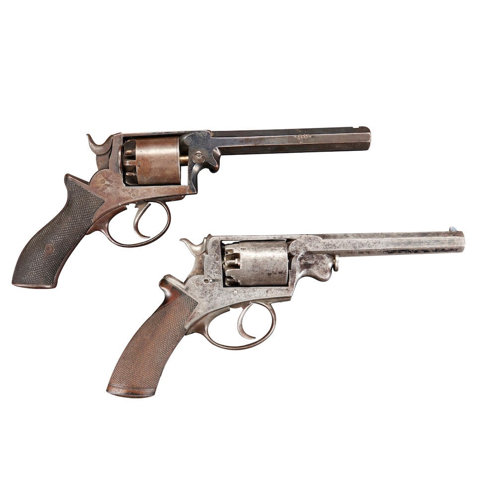 TWO INCOMPLETE ENGLISH ADAMS PATENT REVOLVERS,: TWO INCOMPLETE ENGLISH ADAMS PATENT REVOLVERS, mid-19th century. A .45 caliber revolver by F.M. Reilly & Co., London with foliate scroll engraving on the barre land frame, and checkered walnut grips,