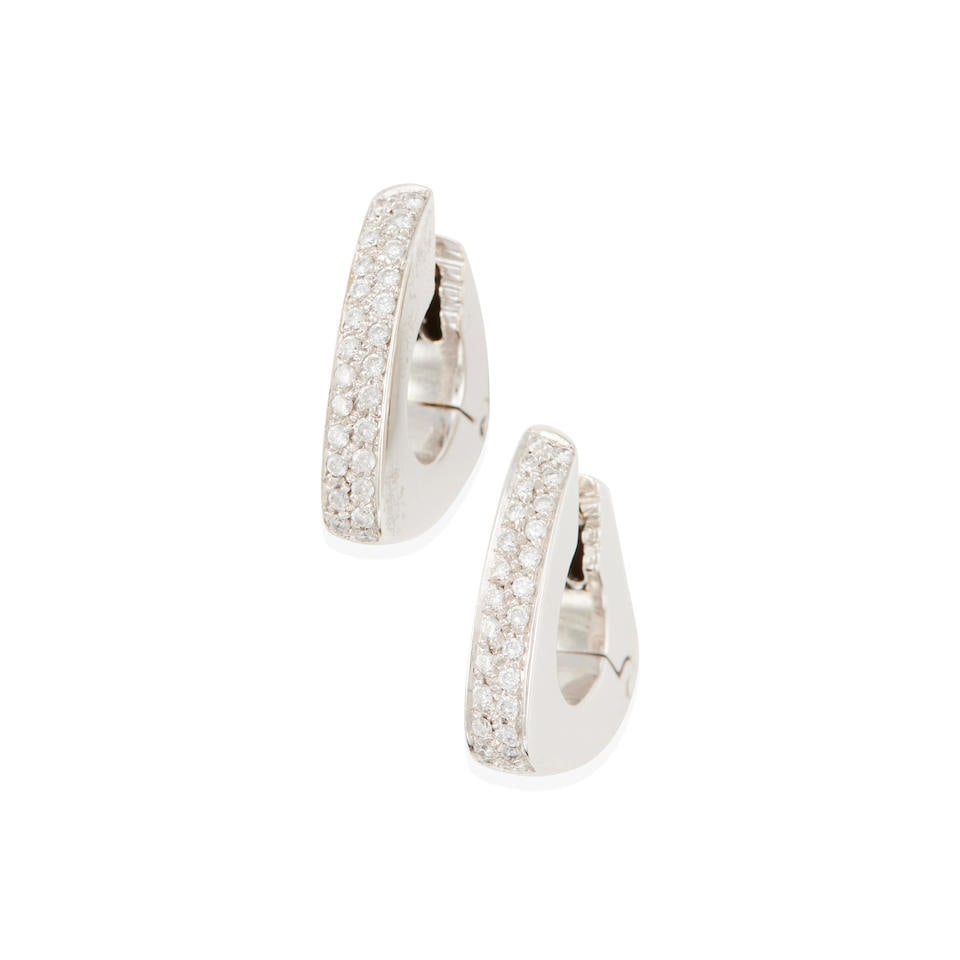 ANTONINI: PAIR OF 18K GOLD AND DIAMOND EARRINGS: ANTONINI: PAIR OF 18K GOLD AND DIAMOND EARRINGS • 18k white gold • 52 round diamonds weighing approximately 0.40 carat total • Signed Antonini, with Italian registry marks • Le