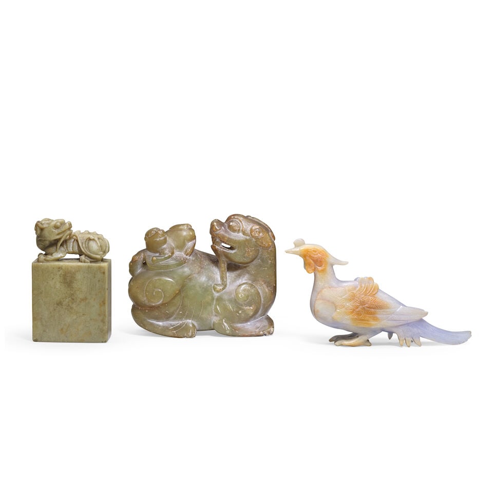 A GROUP OF JADE, JADEITE AND SOAPSTONE CARVINGS 19th to early 20th century (3)