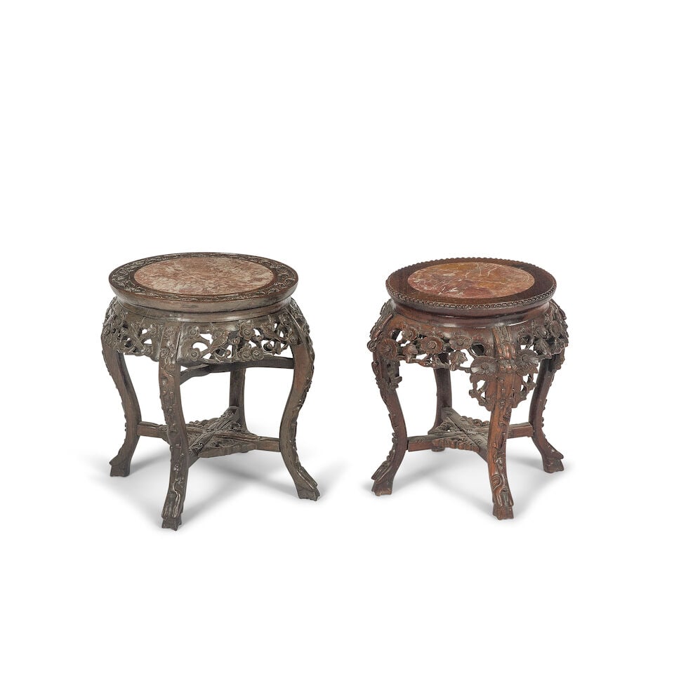 Two similar Chinese hardwood and marble inlaid jardiniere stands
