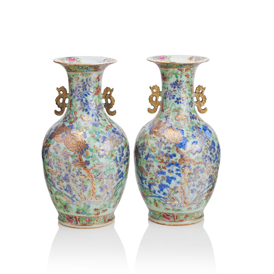A Pair of Canton famille rose celadon vases Late Qing (1 of 1)
