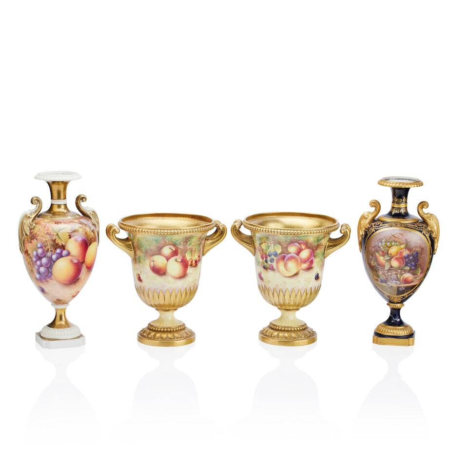 A Royal Worcester porcelain pair of pedestal two-handled vases By Brian Leeman (1 of 1)
