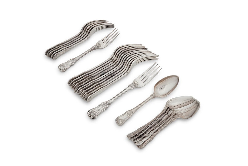 A George IV silver part canteen of Kings pattern flatware Maker's mark RP London 1824 and 1825 ... (1 of 1)