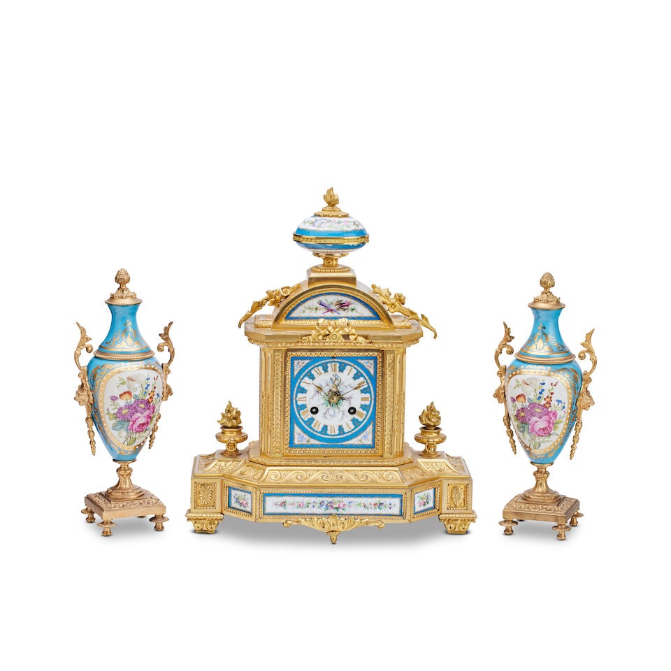 A late 19th century French ormolu and Sèvres pattern porcelain mounted mantel clock garniture (1 of 1)