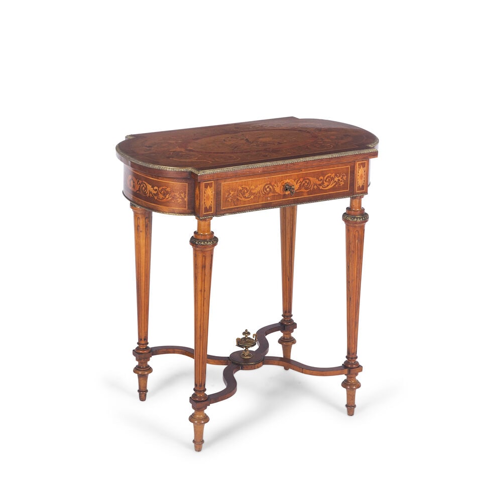 An early 20th century walnut, rosewood and marquetry inlaid gilt metal mounted work or vanity table (1 of 3)