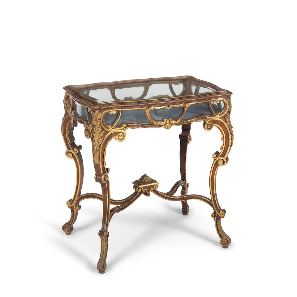 An early 20th century walnut and gilt wood decorated vitrine table (1 of 2)