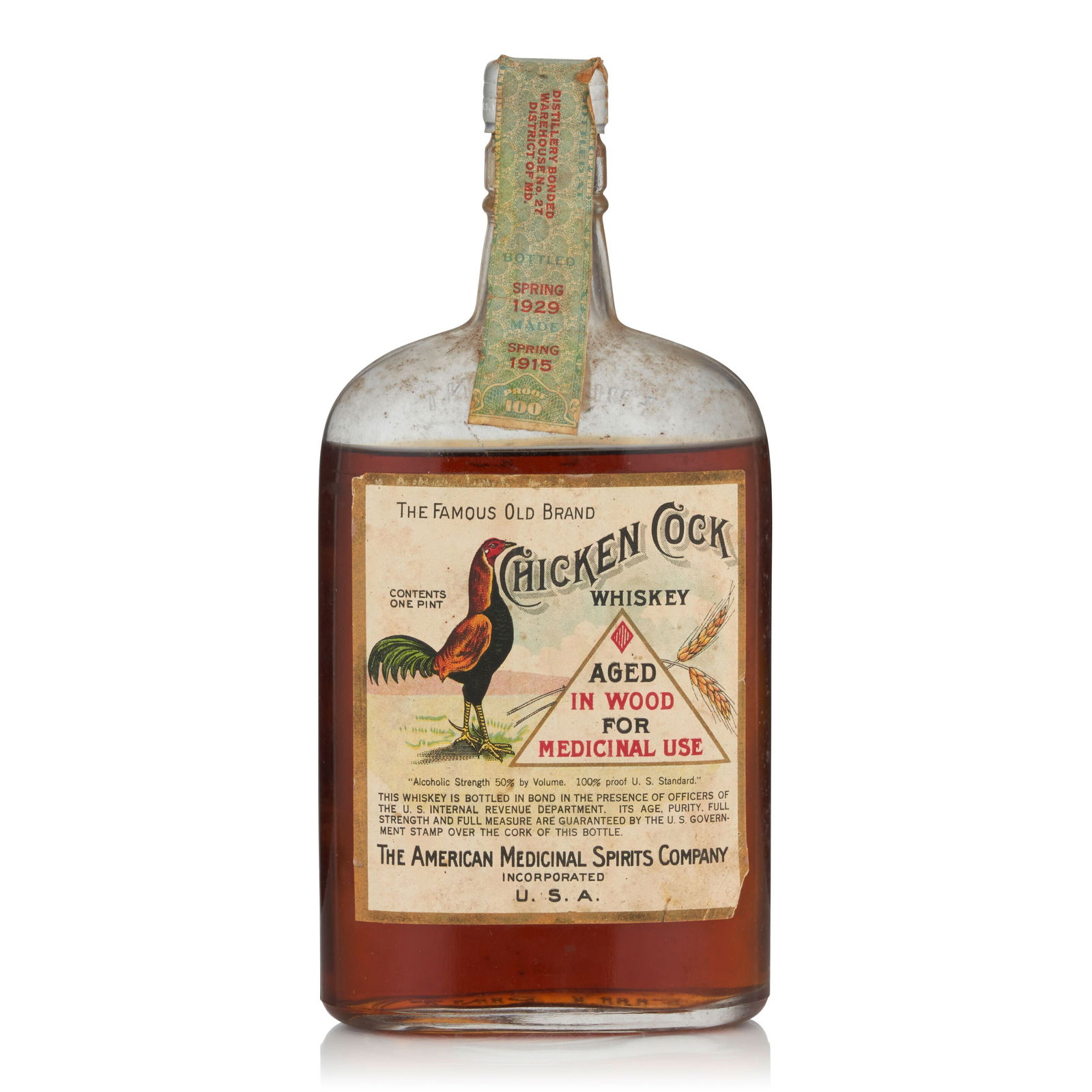 Chicken Cock 14 Years Old, 1915 (1 bottle, pint): Chicken Cock 14 Years Old, 1915 (1 bottle, pint) Region: Maryland Fill Level: bottom shoulder Alcohol content: 50% Notes: AMSCO, distilled Spring 1915 by American Distilling, distillery #7, District o