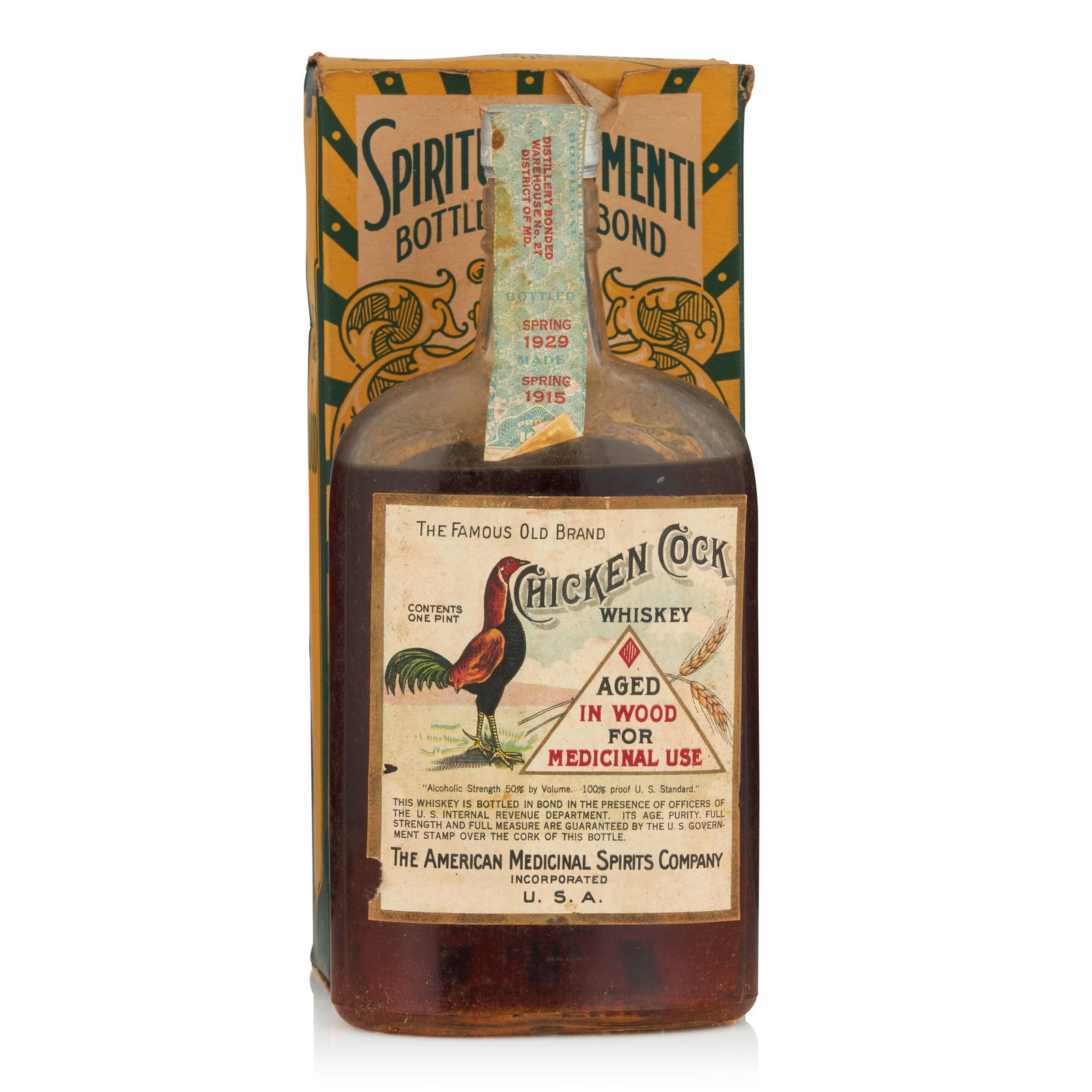 Chicken Cock 14 Years Old, 1915 (1 bottle, pint): Chicken Cock 14 Years Old, 1915 (1 bottle, pint) Region: Maryland Fill Level: bottom shoulder Capsule: tax strip stained Packaging: original carton Alcohol content: 50% Notes: AMSCO, distilled Spring