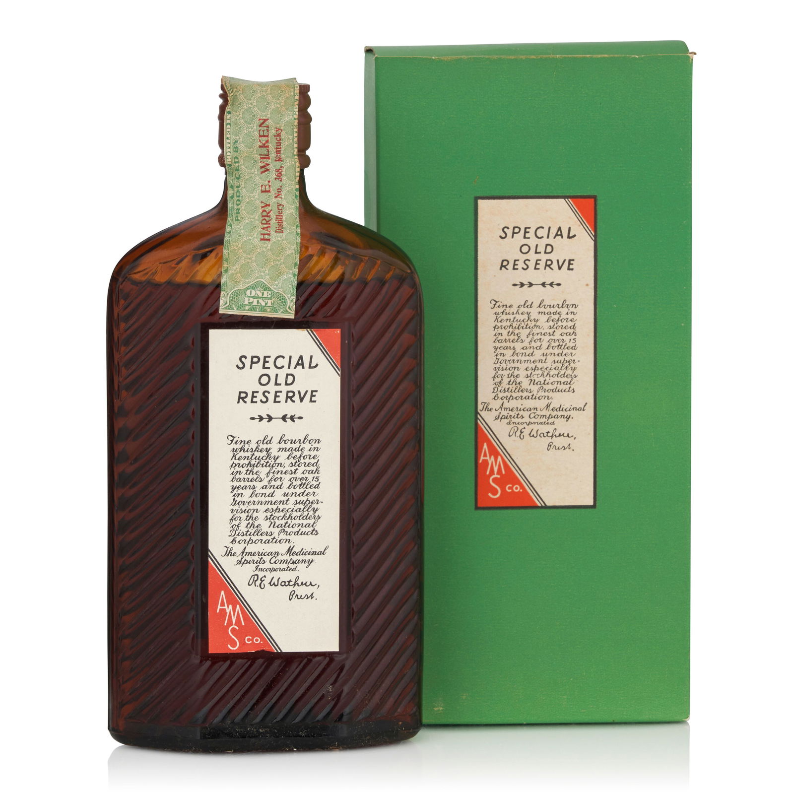 Special Old Reserve 17 Years Old, 1916 (1 bottle, pint): Special Old Reserve 17 Years Old, 1916 (1 bottle, pint) Region: Kentucky Fill Level: bottom shoulder Packaging: original carton Alcohol content: 50% Notes: AMSCO, distilled Spring 1916 by Harry E Wilk