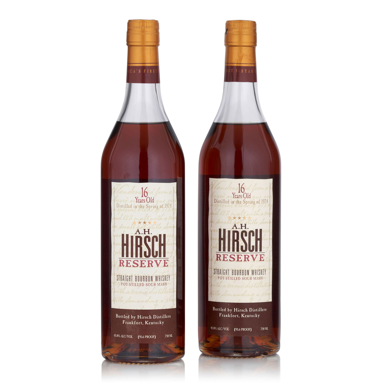 A. H. Hirsch Gold Foil 16 Years Old, 1974 (2 bottles, 750ml): A. H. Hirsch Gold Foil 16 Years Old, 1974 (2 bottles, 750ml) Region: Kentucky Alcohol content: 45.8% Notes: official bottling, distilled spring 1974 Footnotes: United States, Bourbon This lot is subje