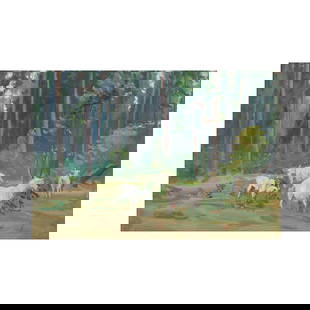 Boris Vladimirsky (Ukrainian, 1898-1950) Chèvres dans la forêt: Boris Vladimirsky (Ukrainian, 1898-1950) Chèvres dans la forêt signé en cyrillique (en bas à gauche) huile sur carton signed in cyrillic (lower left) oil on board 28.5 x 41cm