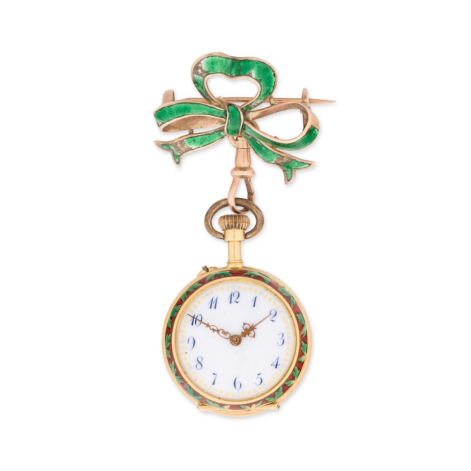 An 18K gold and enamel diamond set keyless wind open face pocket watch with brooch Circa 1900 (1 of 3)