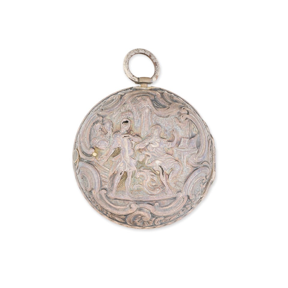 William Holdstock, London. A silver key wind open face pair case pocket watch with repoussé... (1 of 4)
